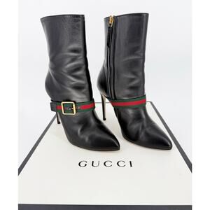 Gucci Sylvie Web Stripe Black Leather Boots High Heel Booties Size 37 US 7